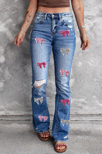Load image into Gallery viewer, Sequin Bow Distressed Bootcut Jeans