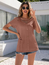 Load image into Gallery viewer, Decorative Button Round Neck Cold Shoulder T-Shirt