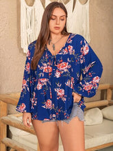 Load image into Gallery viewer, Plus Size Printed Tie Neck Balloon Sleeve Blouse