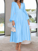 Load image into Gallery viewer, Deep V-Neck Balloon Sleeve Plain Maxi Dress