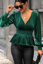 Load image into Gallery viewer, Smocked Surplice Lantern Sleeve Peplum Blouse