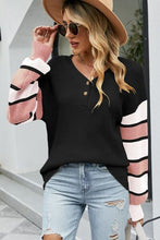 Load image into Gallery viewer, Color Block V-Neck Dropped Shoulder Sweater