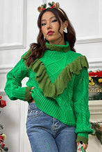 Load image into Gallery viewer, Cable-Knit Ruffled Mock Neck Lantern Sleeve Sweater