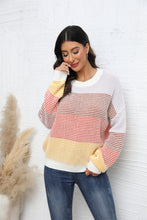 Load image into Gallery viewer, Waffle-Knit Round Neck Dropped Shoulder Color Block Sweater