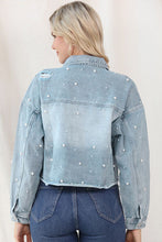 Load image into Gallery viewer, Distressed Pearl Trim Button Up Denim Jacket