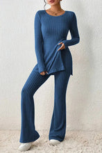 Load image into Gallery viewer, Ribbed Long Sleeve Slit Top and Bootcut Pants Set