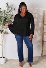 Load image into Gallery viewer, Double Take Half Button Long Sleeve Ruffle Hem Blouse