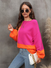 Load image into Gallery viewer, Color Block Round Neck Dropped Shoulder Sweater
