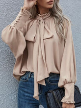 Load image into Gallery viewer, Tie Neck Lantern Sleeve Blouse