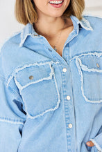Load image into Gallery viewer, PEACE Raw Hem Dropped Shoulder Denim Top