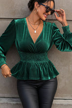 Load image into Gallery viewer, Smocked Surplice Lantern Sleeve Peplum Blouse