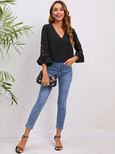 Load image into Gallery viewer, V-Neck Lace Detail Flounce Sleeve Blouse
