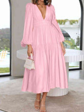 Load image into Gallery viewer, Deep V-Neck Balloon Sleeve Plain Maxi Dress