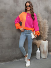 Load image into Gallery viewer, Color Block Round Neck Dropped Shoulder Sweater