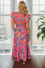 Load image into Gallery viewer, Printed V-Neck Cap Sleeve Pocketed Midi Dress