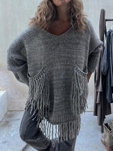 Load image into Gallery viewer, Fringe Detail Long Sleeve Sweater with Pockets