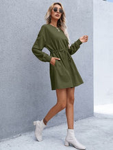Load image into Gallery viewer, Drawstring Round Neck Dropped Shoulder Mini Dress