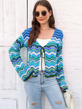 Load image into Gallery viewer, Striped Openwork Tied Cardigan