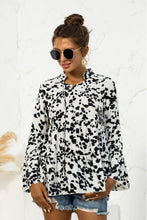 Load image into Gallery viewer, Printed Flare Sleeve Tie Neck Ruffle Trim Blouse