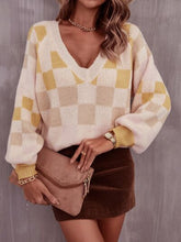 Load image into Gallery viewer, Checkered V-Neck Lantern Sleeve Sweater