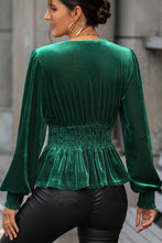 Load image into Gallery viewer, Smocked Surplice Lantern Sleeve Peplum Blouse