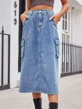 Load image into Gallery viewer, Slit Buttoned Denim Skirt with Pockets