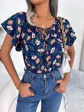 Load image into Gallery viewer, Floral Tie Neck Flutter Sleeve Blouse