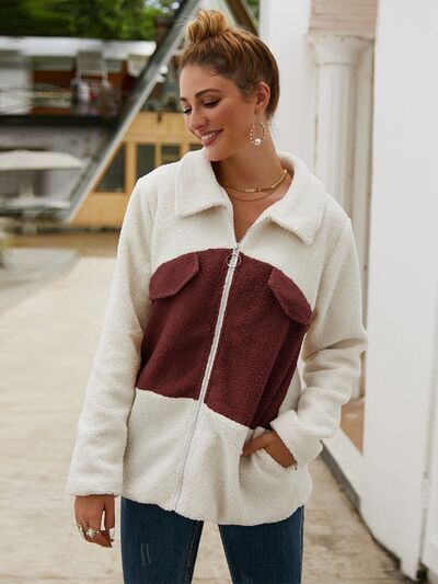 Load image into Gallery viewer, Plush Contrast Zip Up Coat