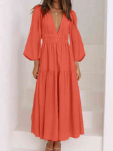 Load image into Gallery viewer, Deep V-Neck Balloon Sleeve Plain Maxi Dress