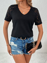 Load image into Gallery viewer, Lace Detail V-Neck Short Sleeve T-Shirt