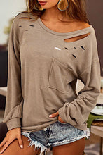 Load image into Gallery viewer, Distressed Pocketed Round Neck Long  Sleeve T-Shirt