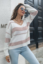 Load image into Gallery viewer, Striped V-Neck Drop Shoulder Sweater