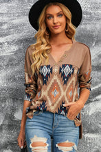 Load image into Gallery viewer, Brown Western Print Buttoned V Neck Top