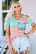 Load image into Gallery viewer, Patchwork Round Neck Cold Shoulder T-Shirt