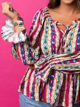 Load image into Gallery viewer, Striped Tie Neck Flounce Sleeve Babydoll Top