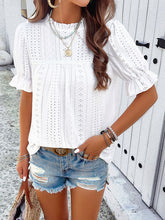 Load image into Gallery viewer, Eyelet Mock Neck Flounce Sleeve Blouse