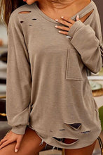 Load image into Gallery viewer, Distressed Pocketed Round Neck Long  Sleeve T-Shirt