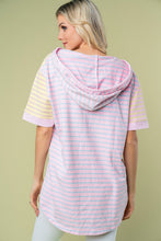 Load image into Gallery viewer, White Birch Full Size Striped Short Sleeve Drawstring Hooded Top