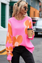 Load image into Gallery viewer, Flower Round Neck Dropped Shoulder Sweater