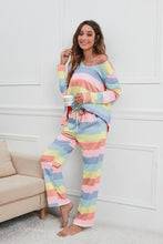 Load image into Gallery viewer, Striped Round Neck Long Sleeve Top and Drawstring Pants Lounge Set