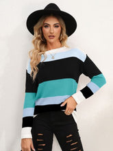 Load image into Gallery viewer, Striped Round Neck Dropped Shoulder Sweater