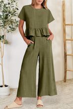Load image into Gallery viewer, Peplum Round Neck Short Sleeve Top and Pants Set
