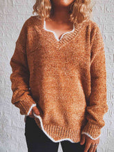 Load image into Gallery viewer, Notched Dropped Shoulder Long Sleeve Sweater