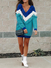 Load image into Gallery viewer, Color Block Fringed V-Neck Sweater