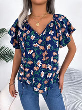 Load image into Gallery viewer, Floral Tie Neck Flutter Sleeve Blouse
