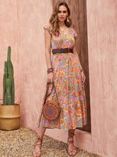 Load image into Gallery viewer, Ruffled Printed V-Neck Cap Sleeve Tiered Dress