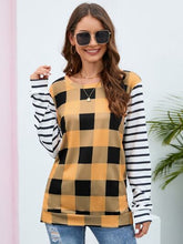 Load image into Gallery viewer, Plaid Striped Round Neck Long Sleeve T-Shirt