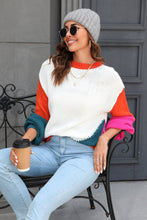 Load image into Gallery viewer, Color Block Round Neck Drop Shoulder Sweater