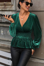 Load image into Gallery viewer, Smocked Surplice Lantern Sleeve Peplum Blouse