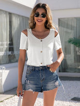 Load image into Gallery viewer, Decorative Button Round Neck Cold Shoulder T-Shirt